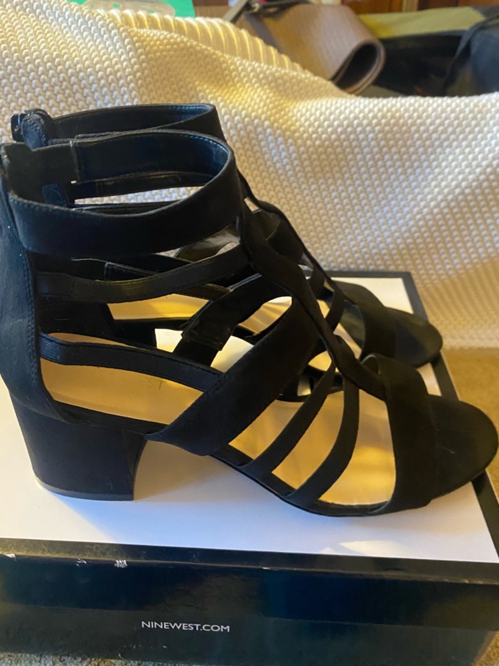 Nine West Black Gladiator Mid Block Heel Sandals